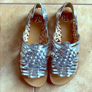 Tory Burch silver peep toe strappy flats/sandals
